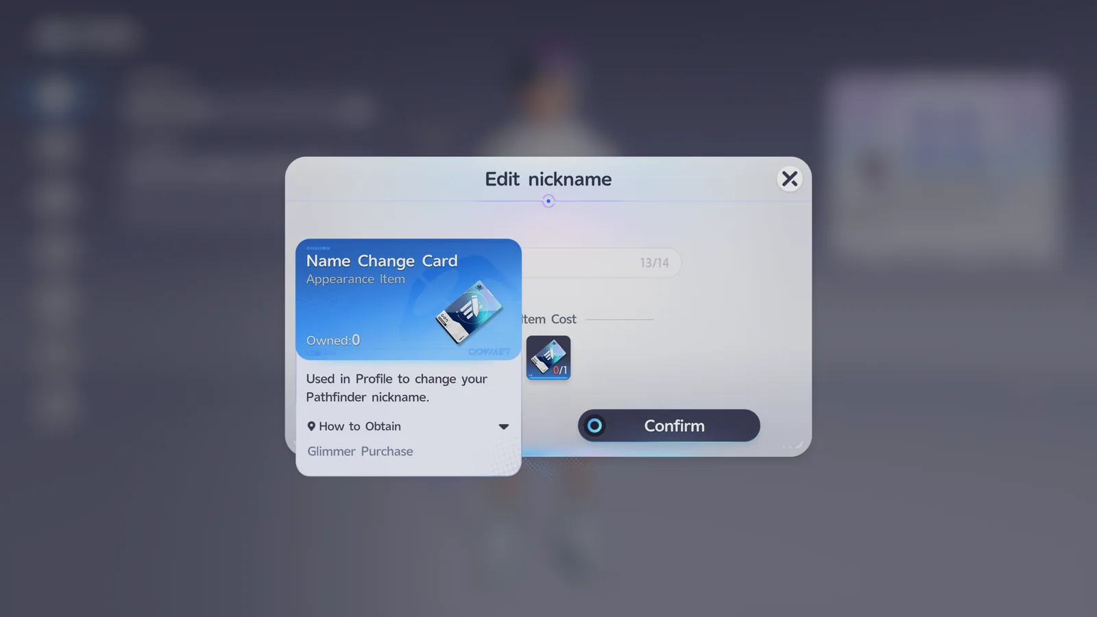 The Edit nickname screen, showing the Name Change Card item requirement with an Item Cost of 0/1