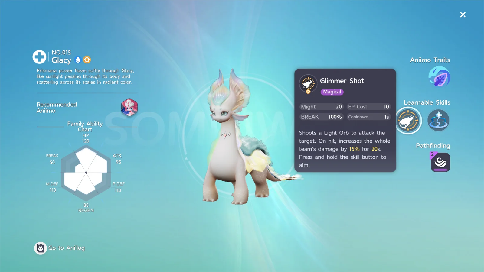 Glacy's Glimmer Shot skill tooltip showing the +15% team damage buff for 20s