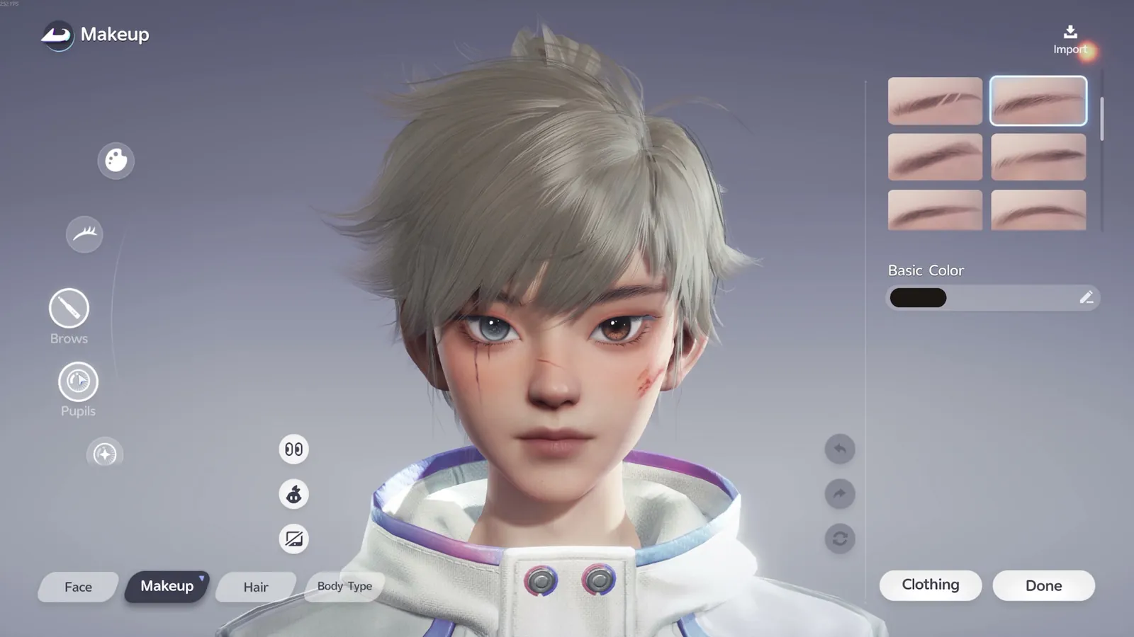 The character creation Makeup tab, showing brow presets and a basic color swatch