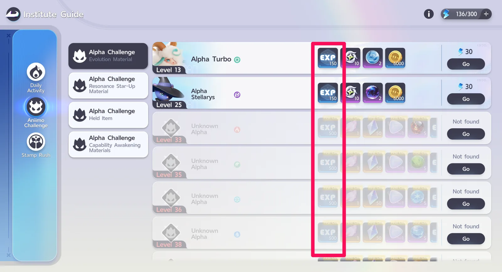 The Alpha Challenge screen, showing Safari rewards for defeating different Alphas