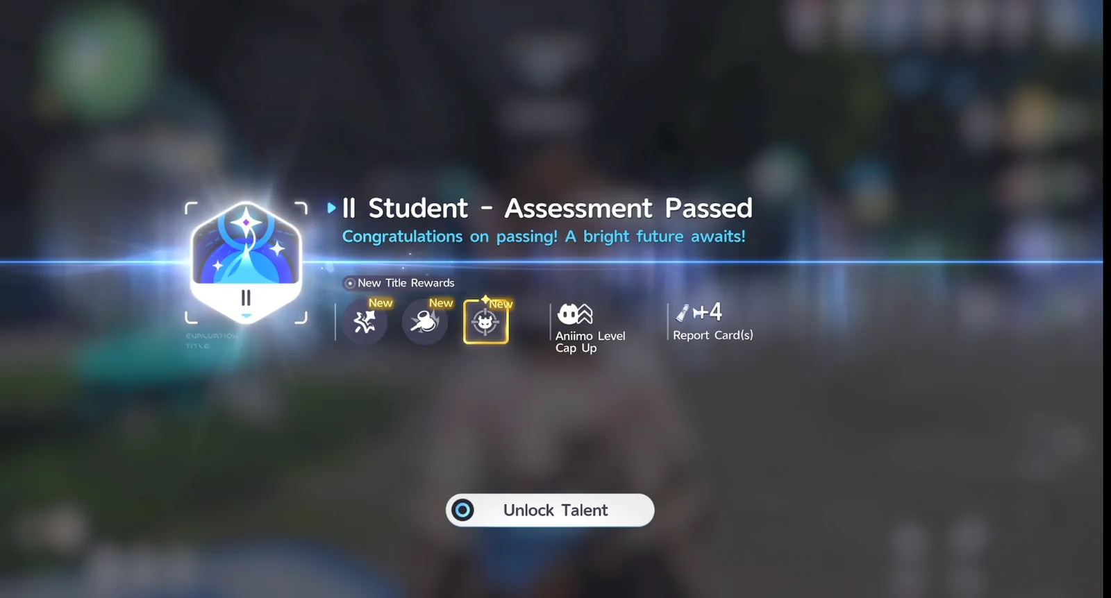 The assessment-passed screen, showing new title rewards, an Aniimo Level Cap increase, and Report Cards