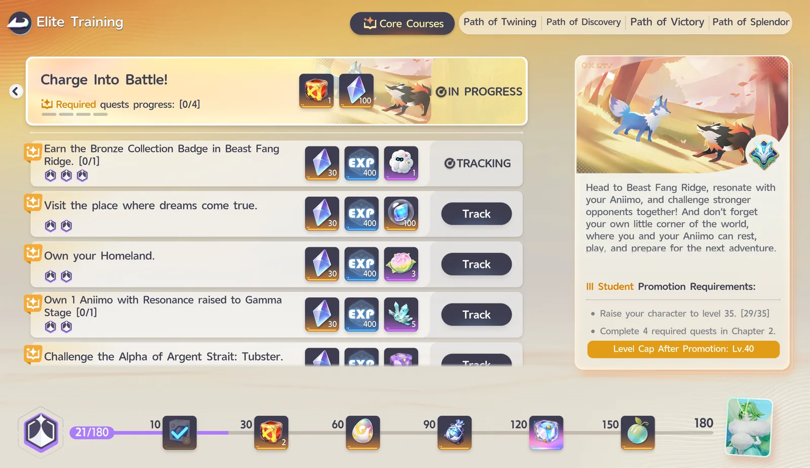 The Elite Training screen, showing quests that reward Safaris and a milestone reward track