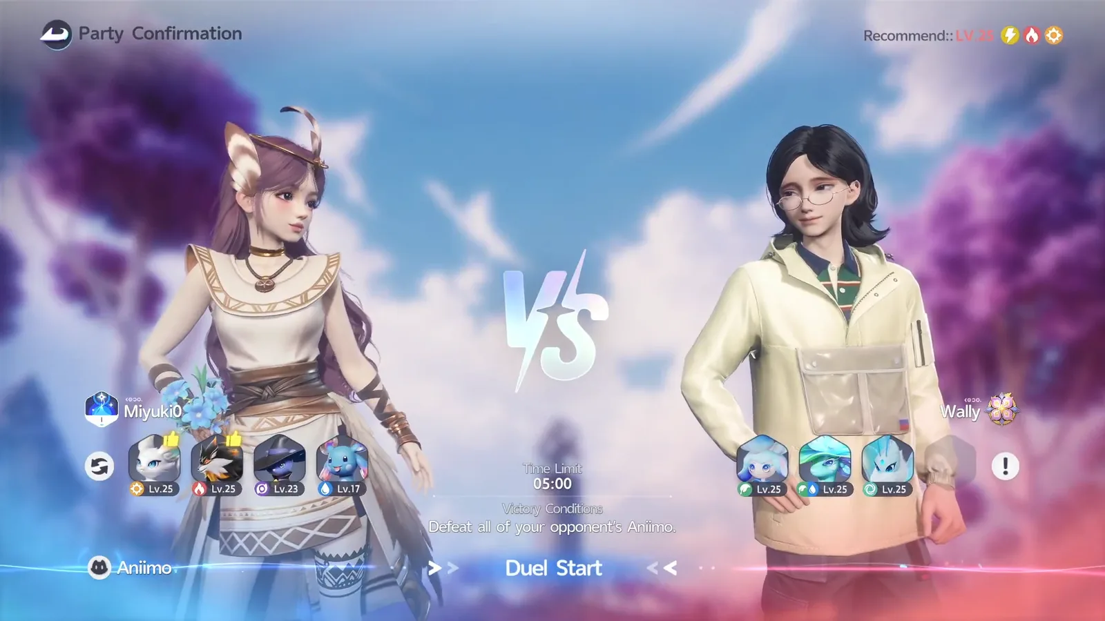 The party confirmation screen for the duel with Wally