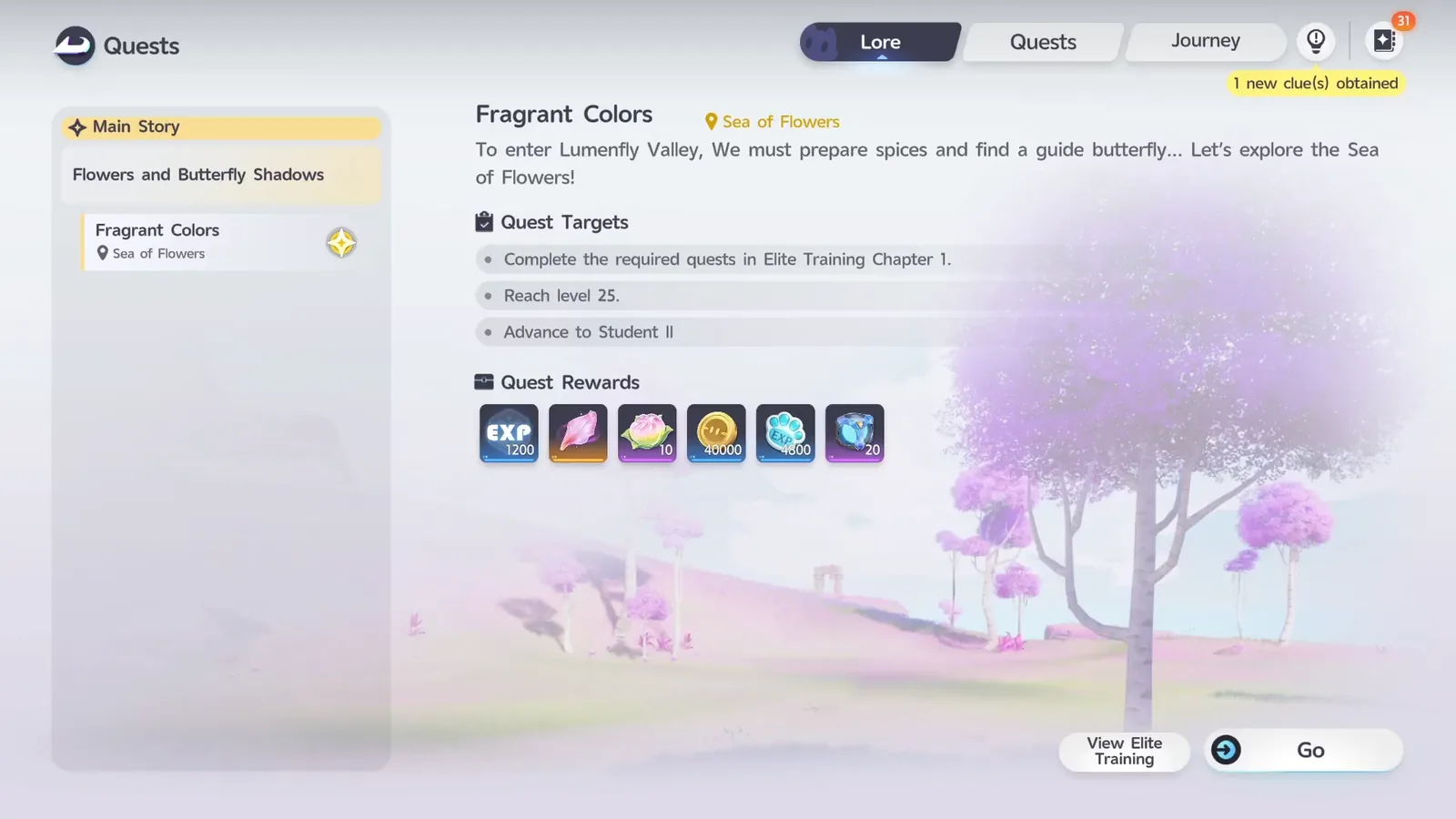 The Fragrant Colors quest screen, showing its rewards