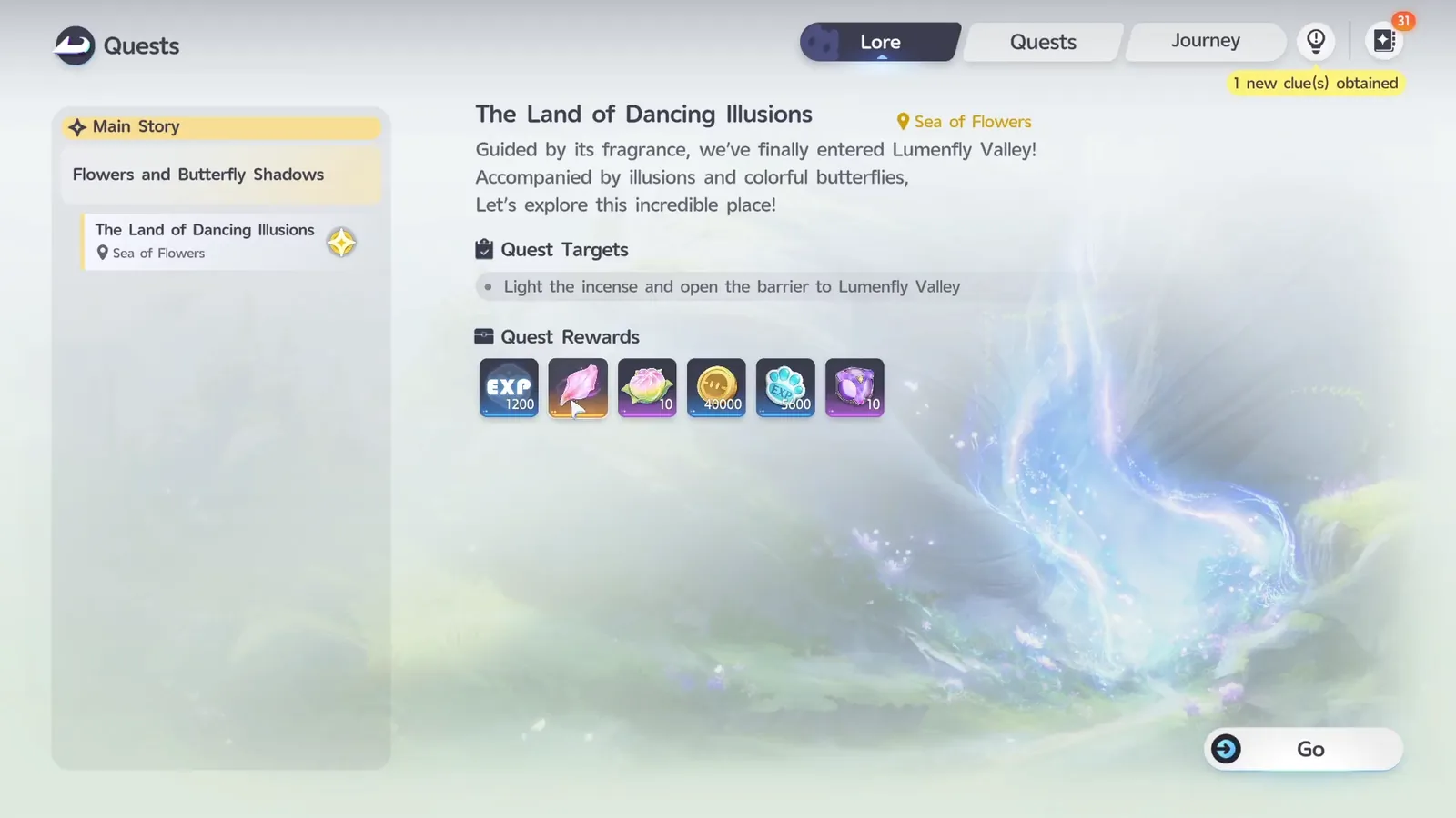 The Land of Dancing Illusions quest screen, showing its rewards