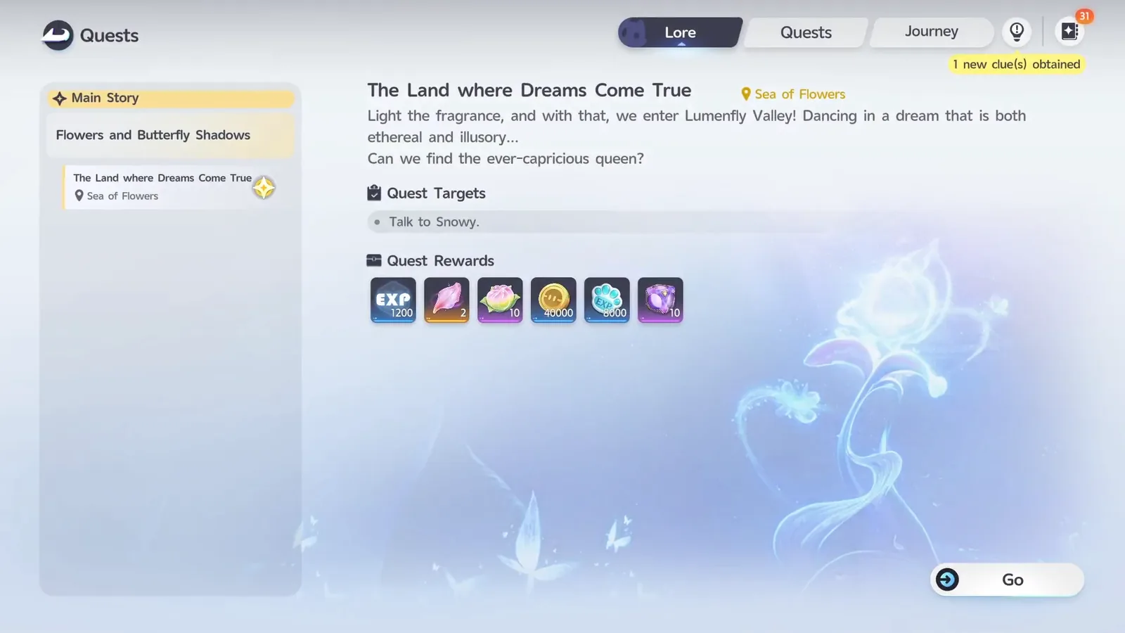 The Land where Dreams Come True quest screen, showing its rewards