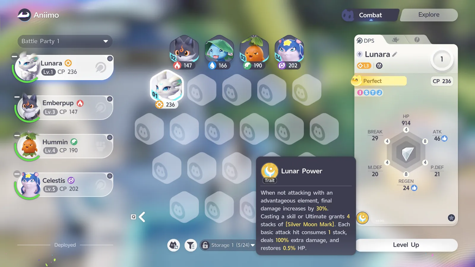 Lunara's Lunar Power trait tooltip, showing its Silver Moon Mark stacks and damage bonus