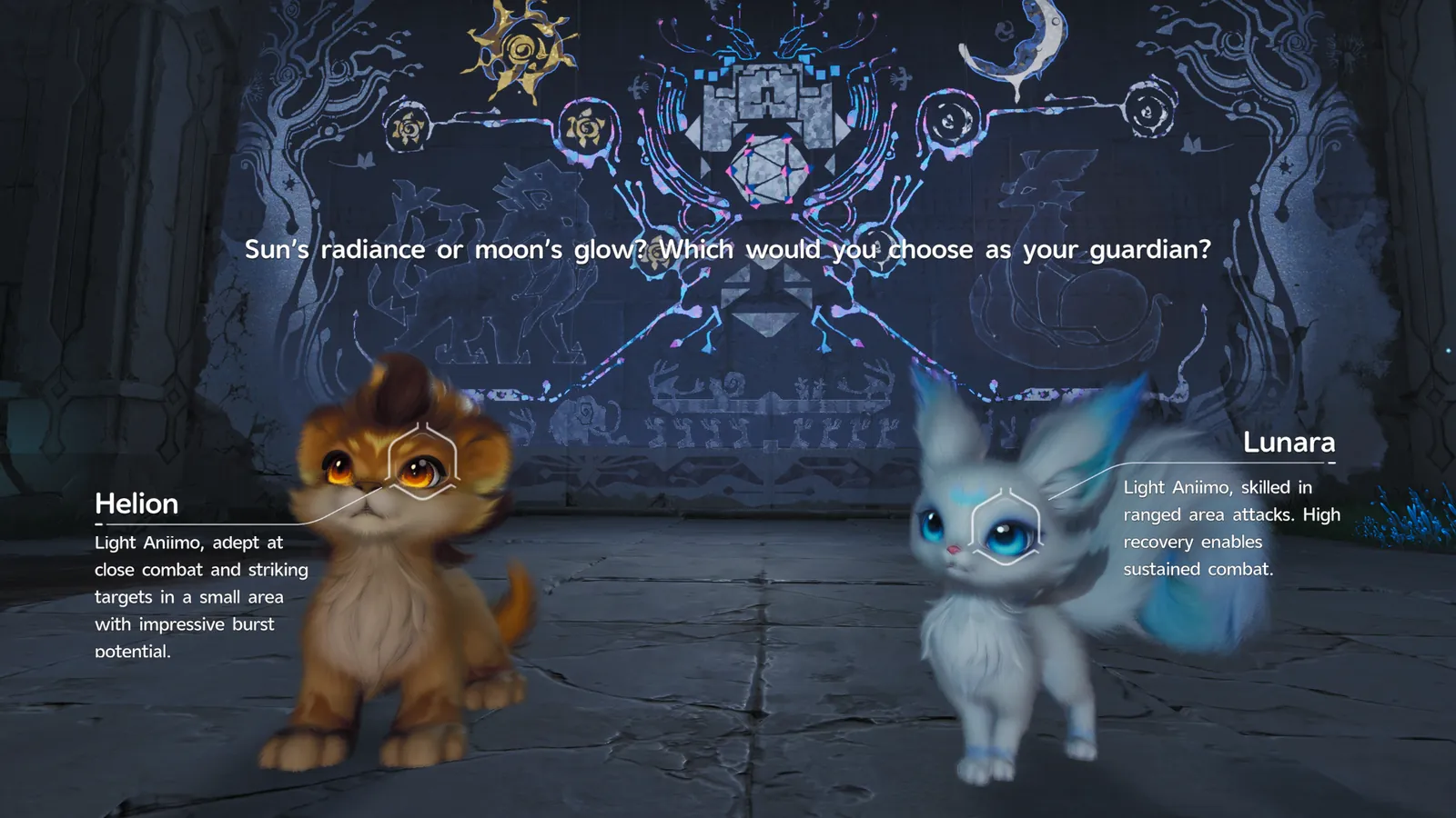 The Aniimo starter selection screen introducing Helion and Lunara, both holy-element Aniimo