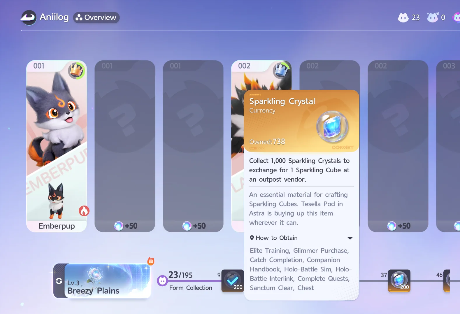 The Aniilog form collection screen, showing a Sparkling Crystal reward along the milestone track