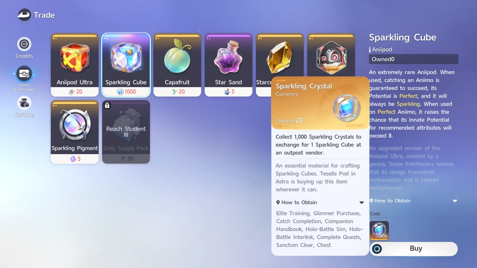 The Sparkling Crystal exchange screen, showing the cost of 1,000 Crystals for 1 Sparkling Cube