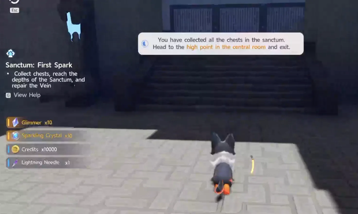 A Sanctum's chest-completion reward screen, showing 10 Sparkling Crystals among the rewards
