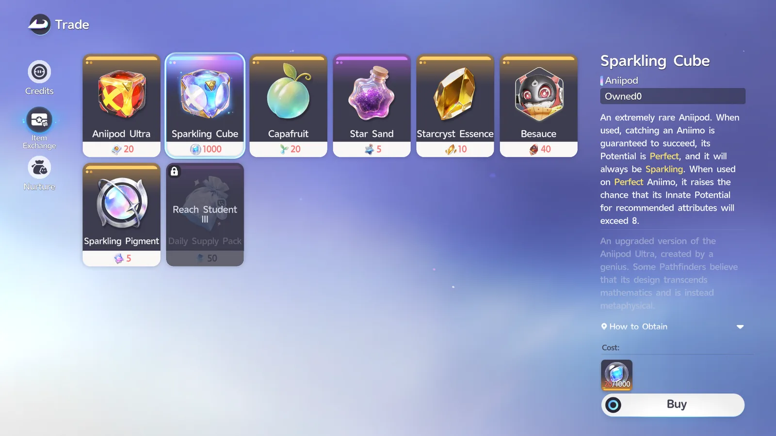 The Sparkling Cube's item description, showing its guaranteed capture, Sparkling result, and Perfect Potential effects
