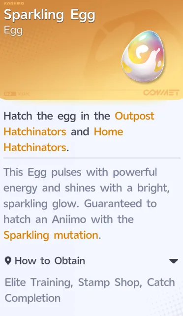 The Sparkling Egg's item description, confirming it guarantees a Sparkling Aniimo when hatched