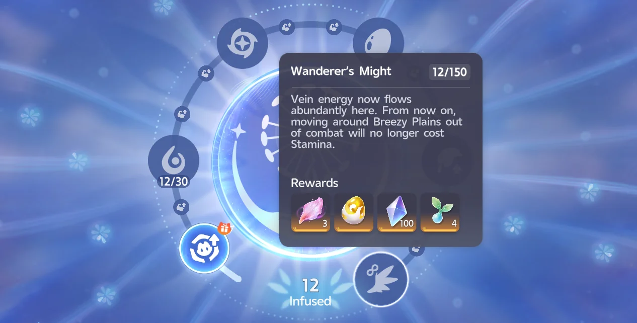 The Breezy Plains Branch screen with the Wanderer's Might node's tooltip open, showing its unlock threshold of 150 Infused and text confirming moving in Breezy Plains out of combat no longer costs Stamina