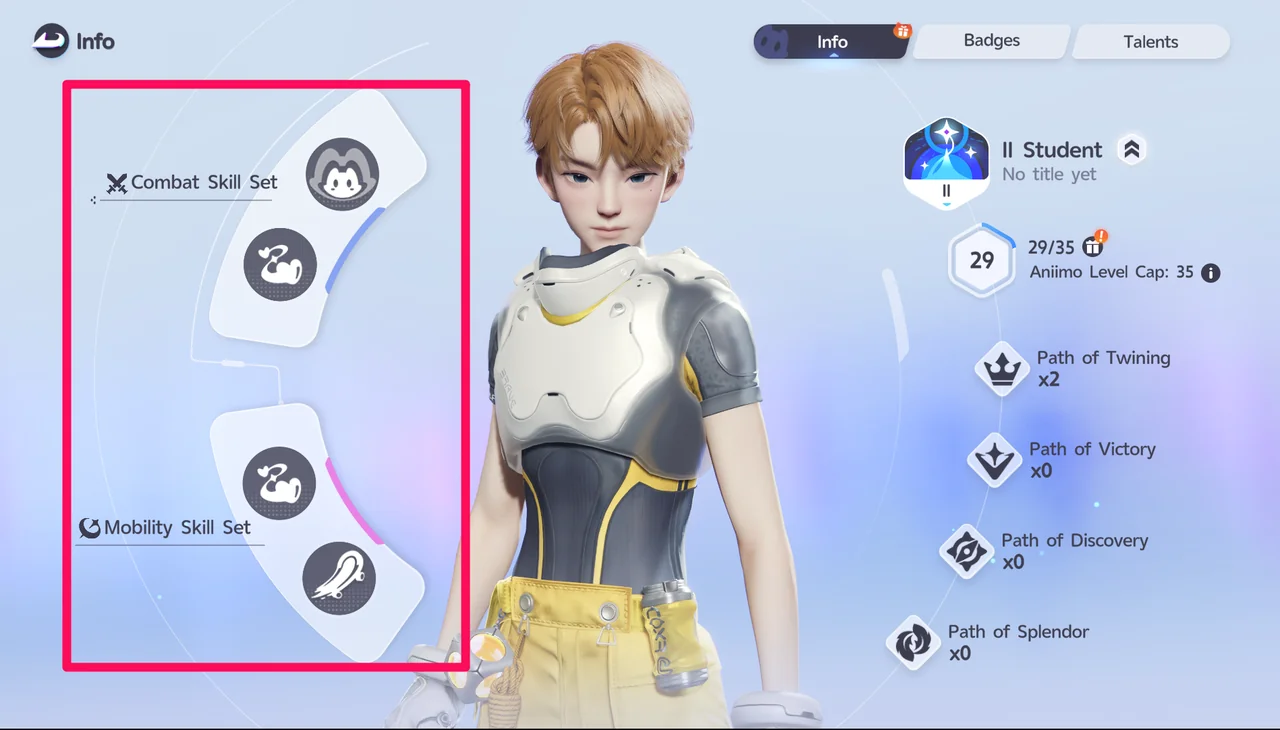 The Character Info screen with the Combat Skill Set and Mobility Skill Set slots highlighted