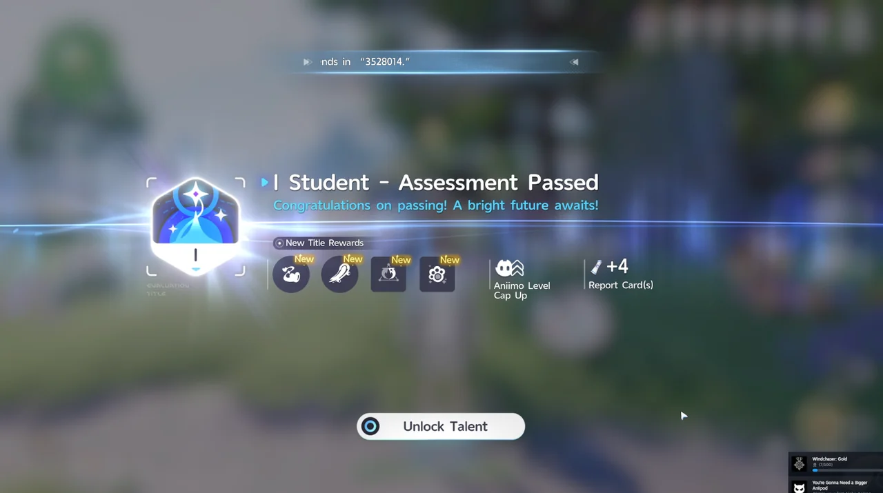 The reward screen after passing the I Student Promotion Assessment, showing new Title rewards and an Unlock Talent button