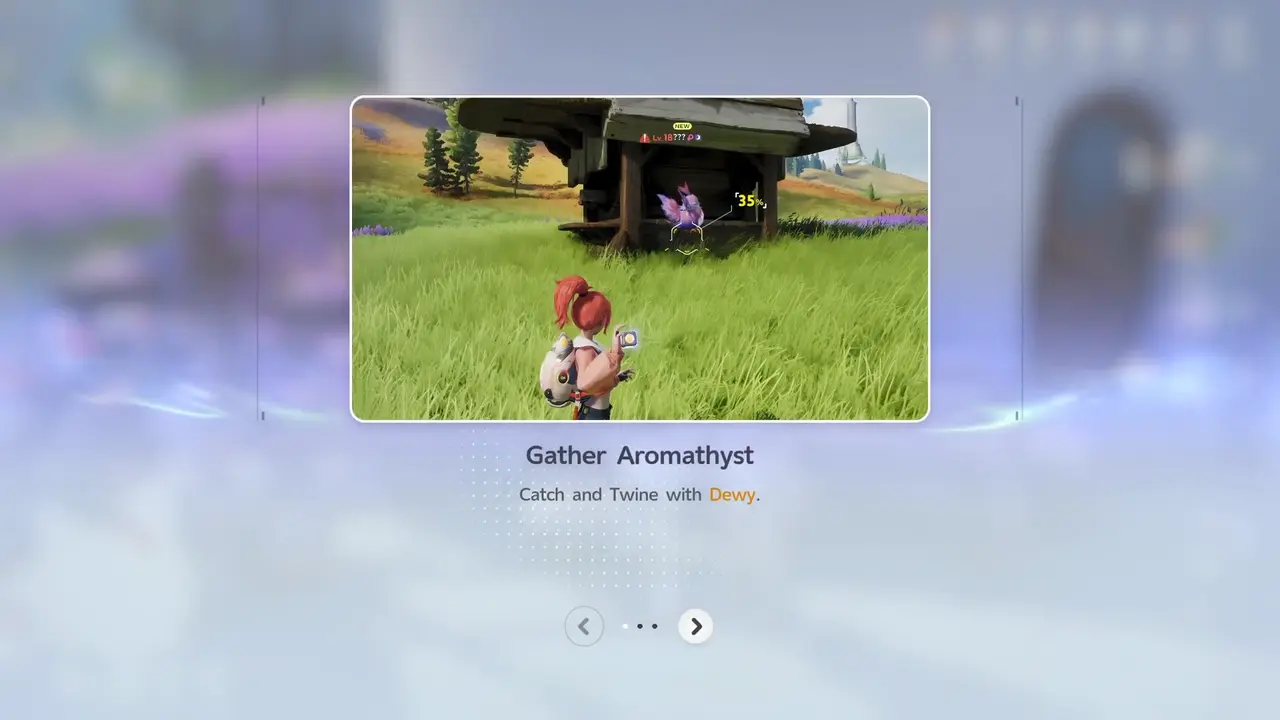 The Aromathyst gathering tutorial screen, reading "Catch and Twine with Dewy"