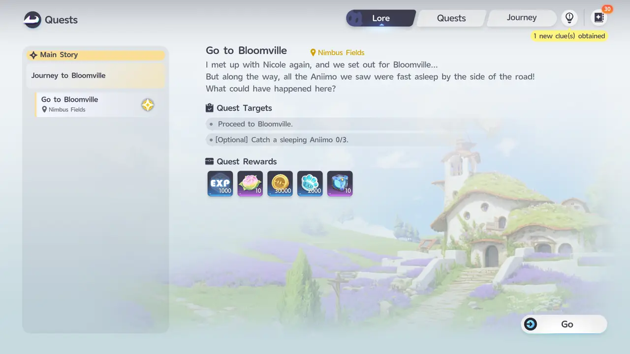 The Go to Bloomville quest screen, showing its rewards and quest targets