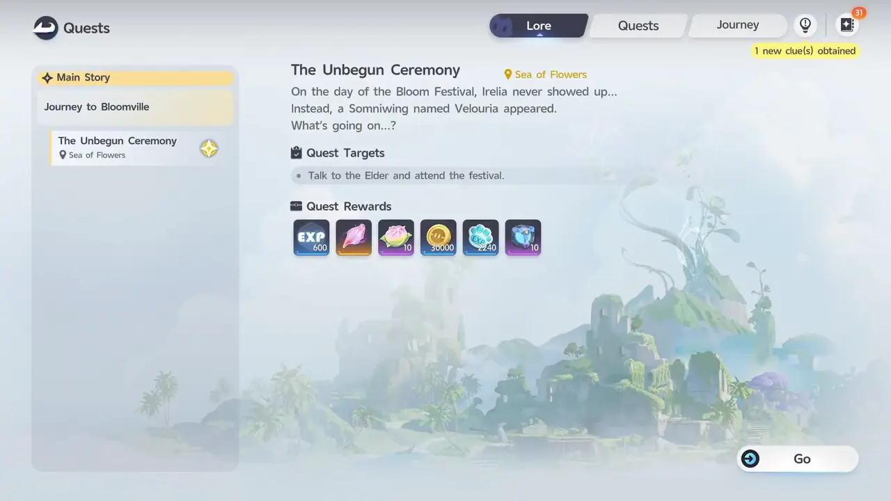 The Unbegun Ceremony quest screen, showing its rewards and quest targets