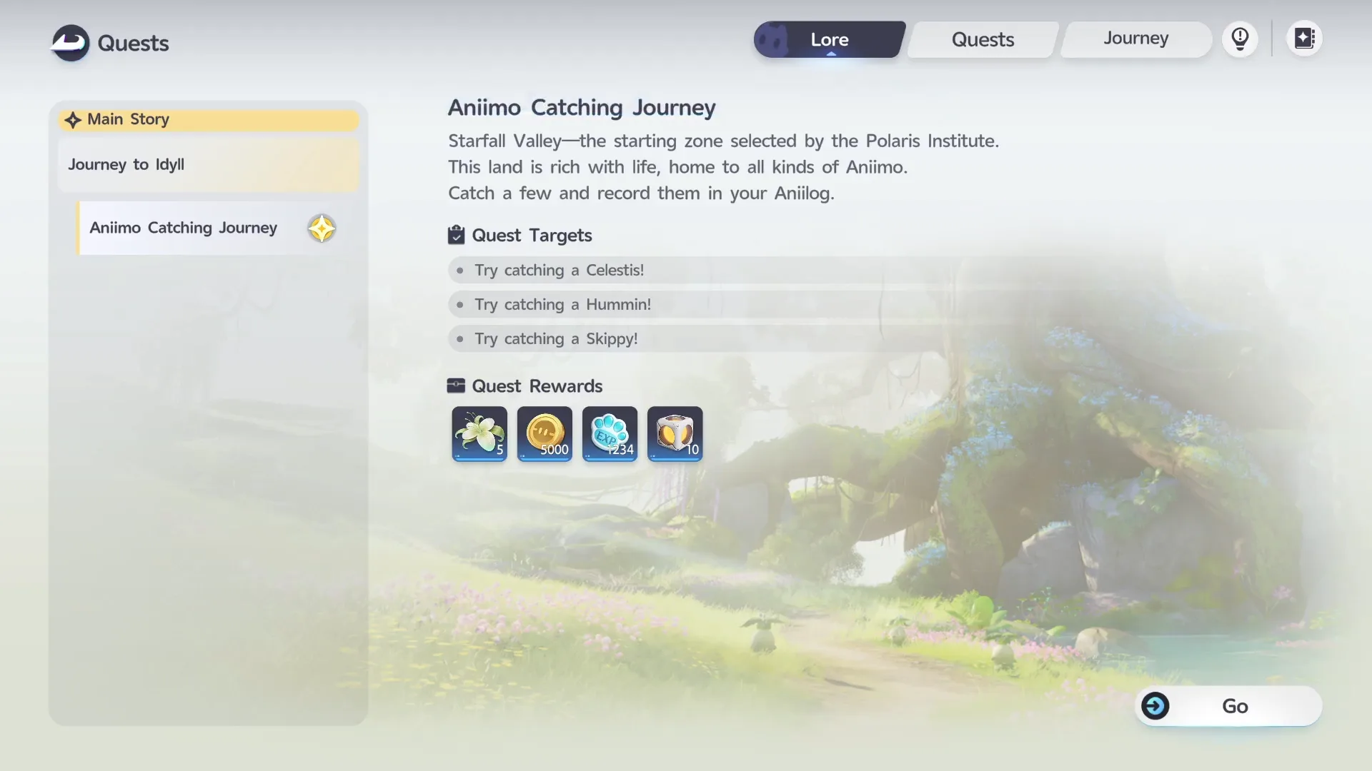 The Aniimo Catching Journey quest screen, showing its targets and rewards