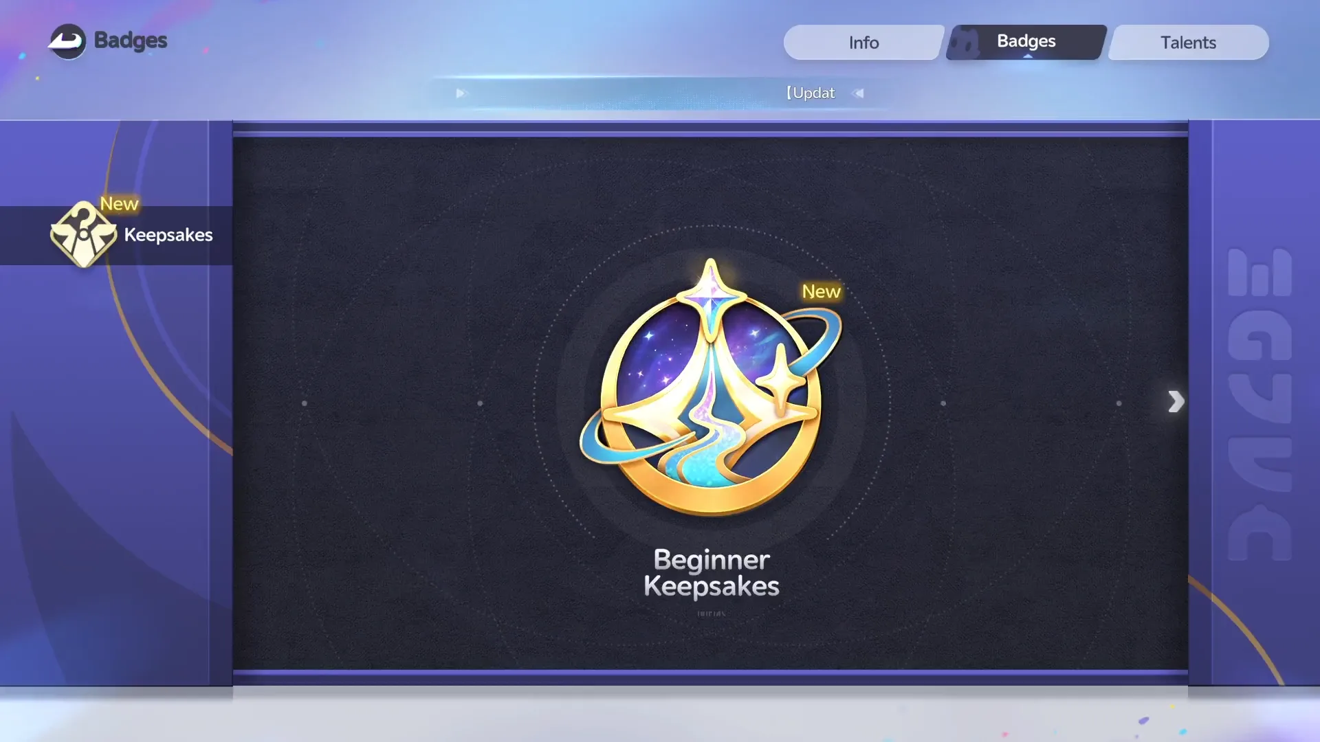 The Badges screen, showing the newly earned "Beginner Keepsakes" badge