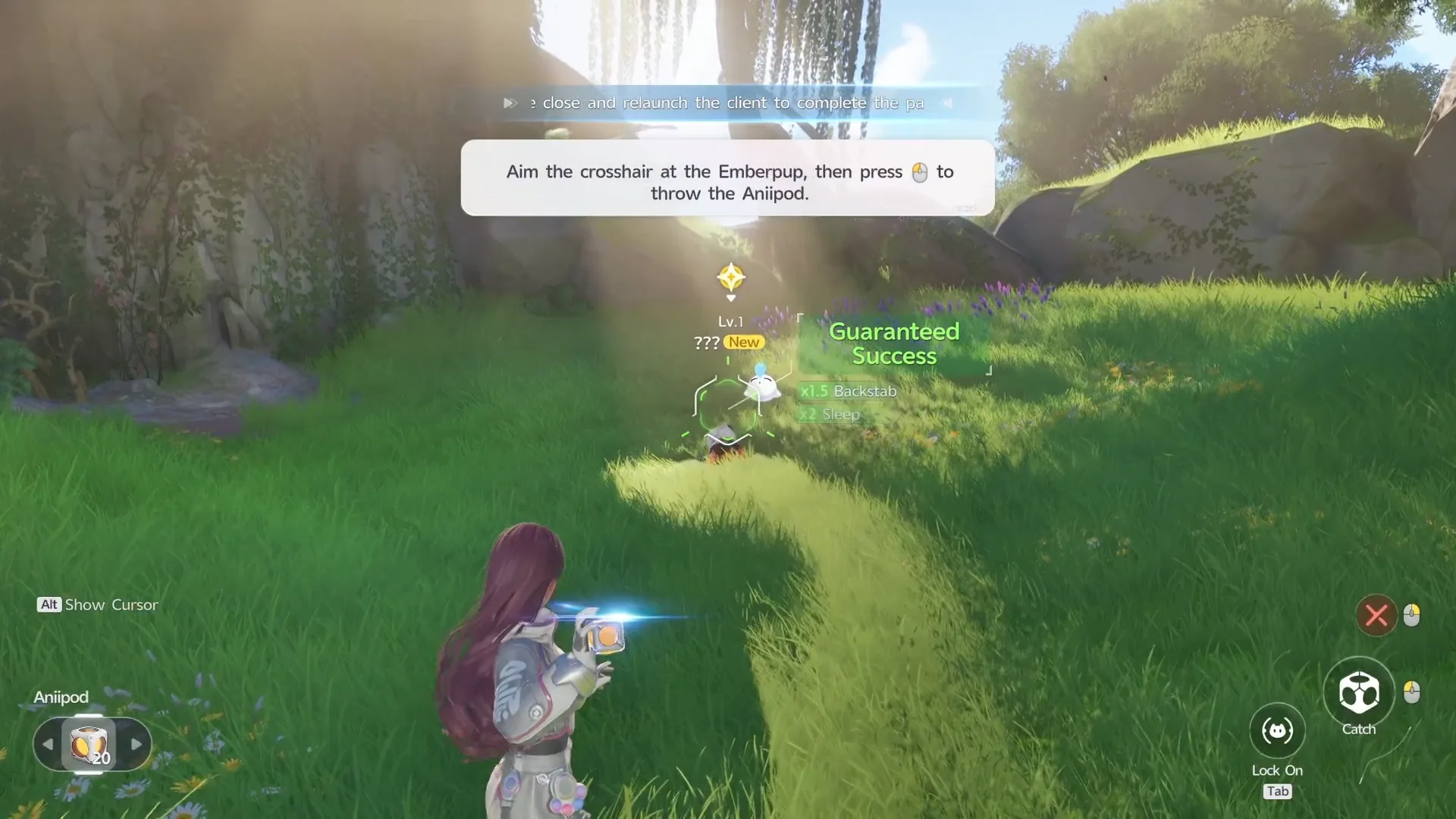 Catch Mode, showing the prompt to aim at the Emberpup and throw the Aniipod