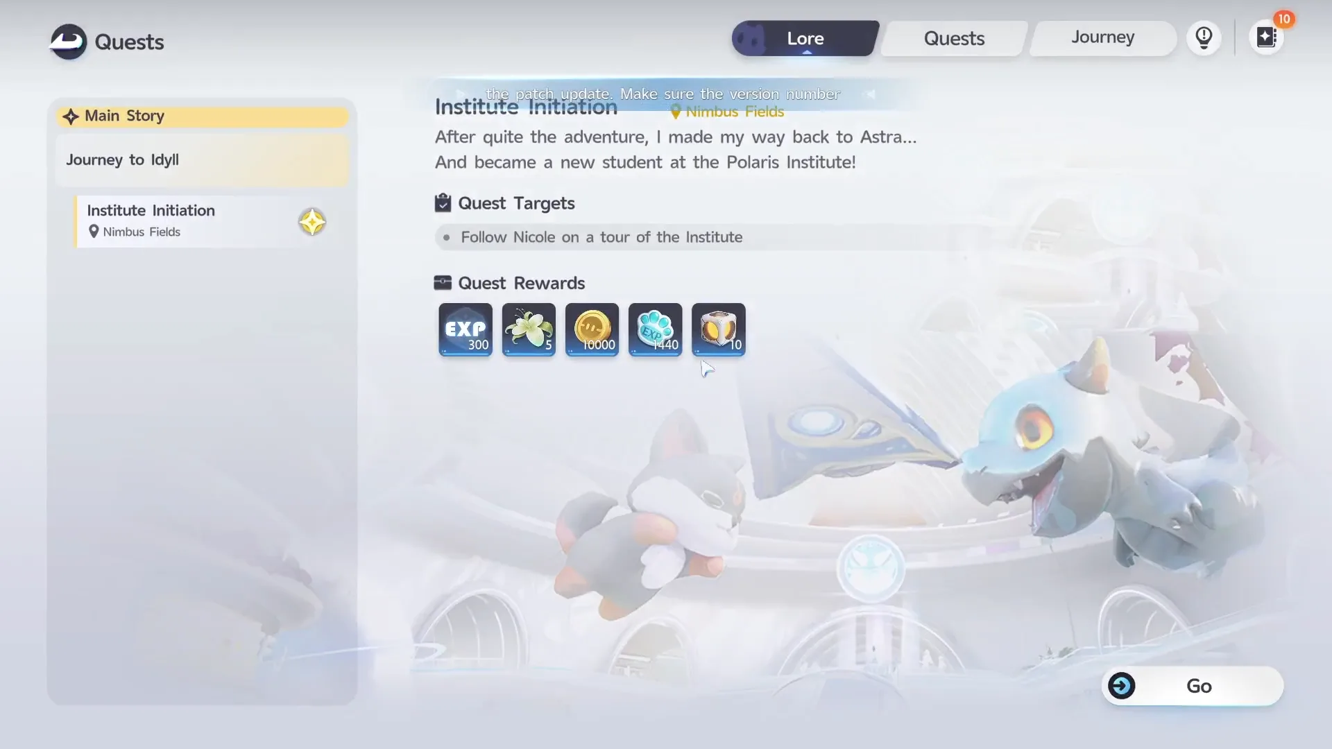 The Institute Initiation quest screen, showing its rewards