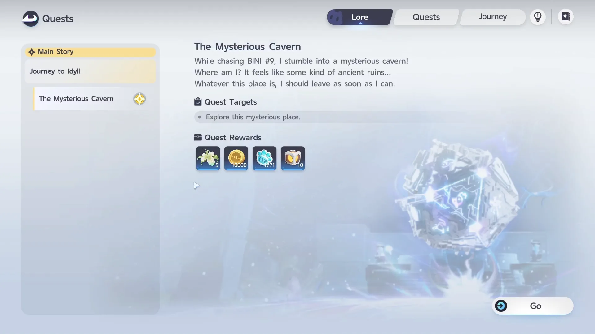 The Mysterious Cavern quest screen, showing its rewards