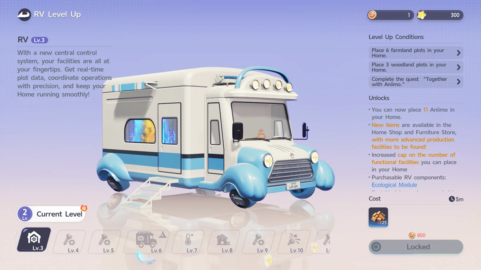 The RV Level Up screen, showing level-up conditions, unlocks, and the material and Home Coin cost