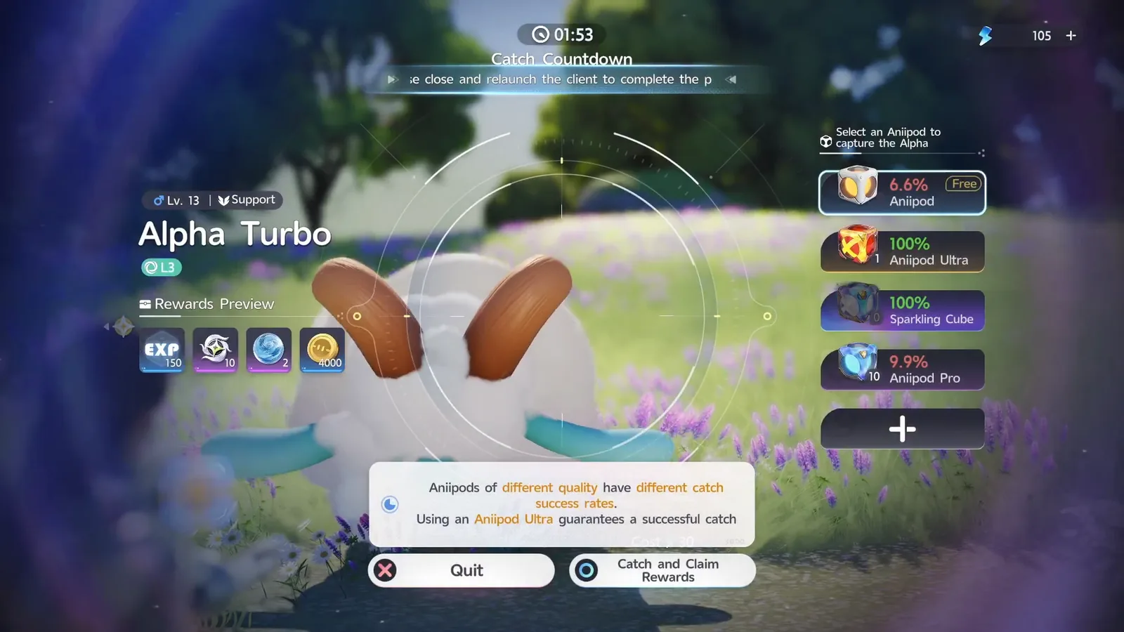 The Catch Countdown screen for the Alpha Turbo, showing the rewards preview