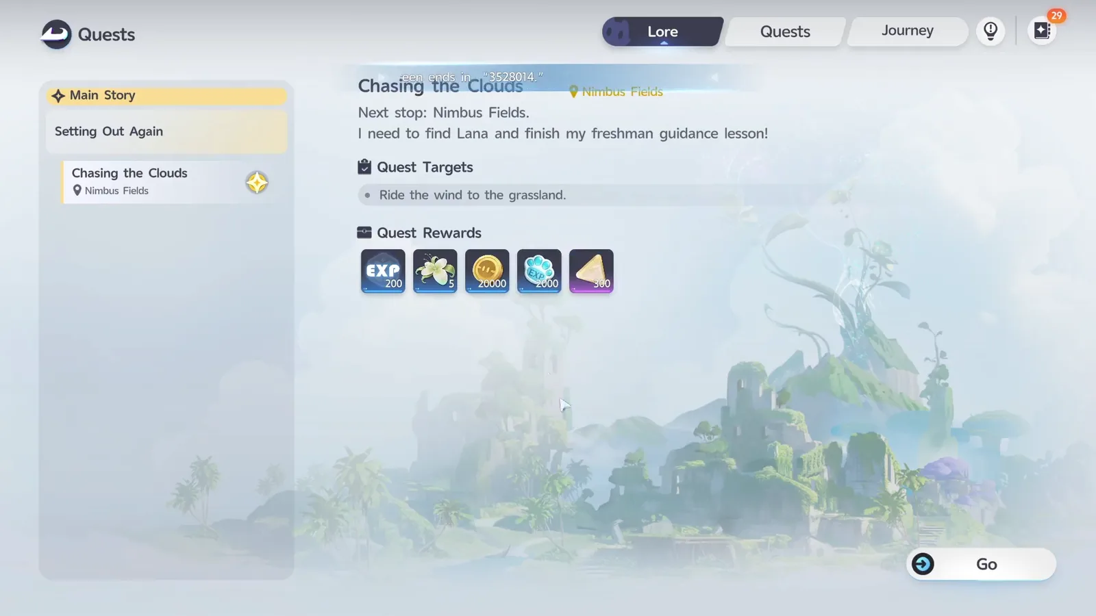 The Chasing the Clouds quest screen, showing its rewards