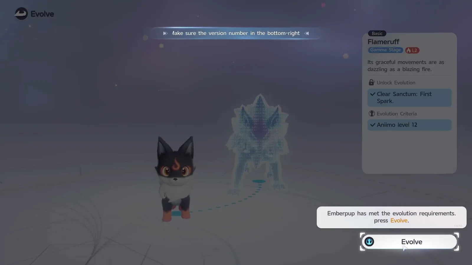 The Evolve screen, showing both evolution requirements met for Emberpup