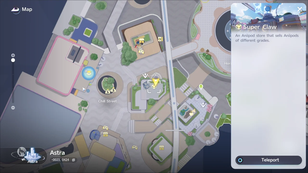 星之都地圖上顯示的「Super Claw」位置與說明