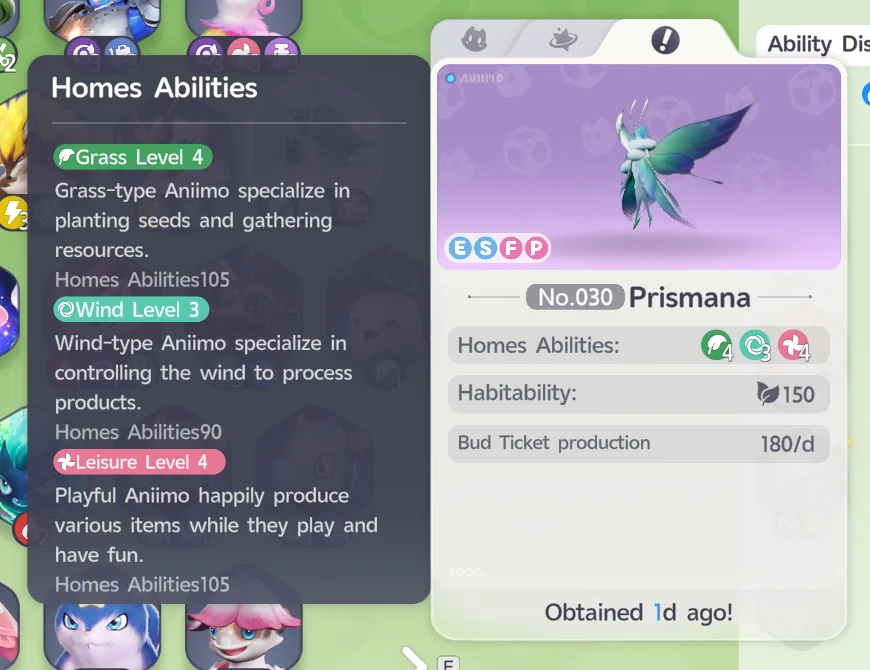 El tooltip de Habilidades de hogar de Somniwing, mostrando Hierba nivel 4, Viento nivel 3 y Leisure nivel 4