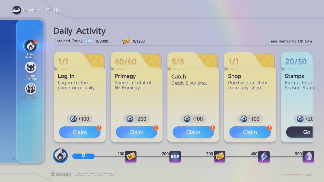 L'écran Daily Activity avec plusieurs tâches et boutons de récompense