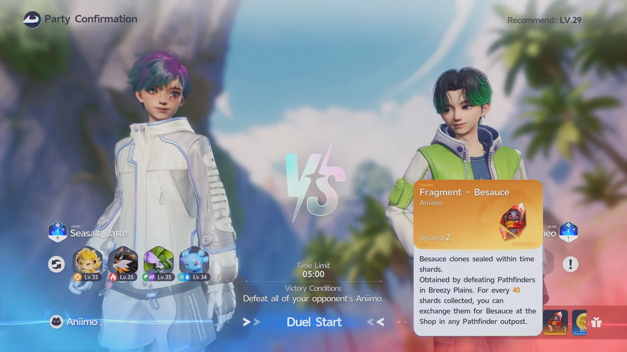 Un duel contre Nomade Theo, avec l'infobulle de la récompense en fragments de Pulsato ouverte