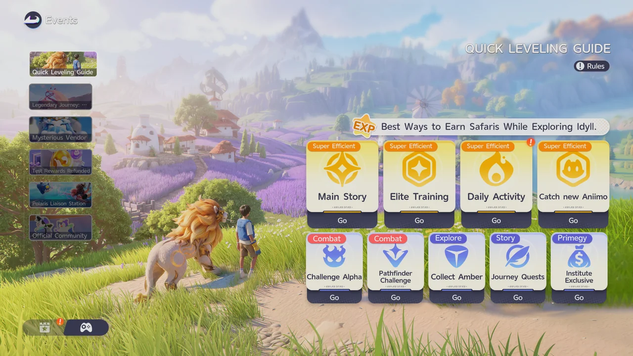 L'écran du Quick Leveling Guide regroupant Main Story, Entraînement d'élite, Daily Activity et Catch new Aniimo