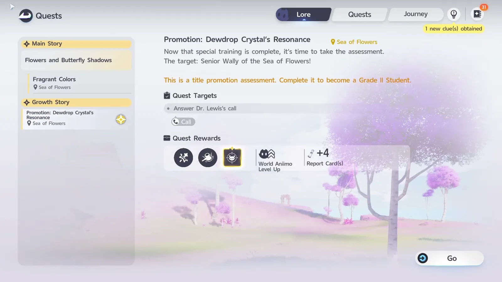 Der Questbildschirm von Dewdrop Crystal's Resonance mit den Belohnungen