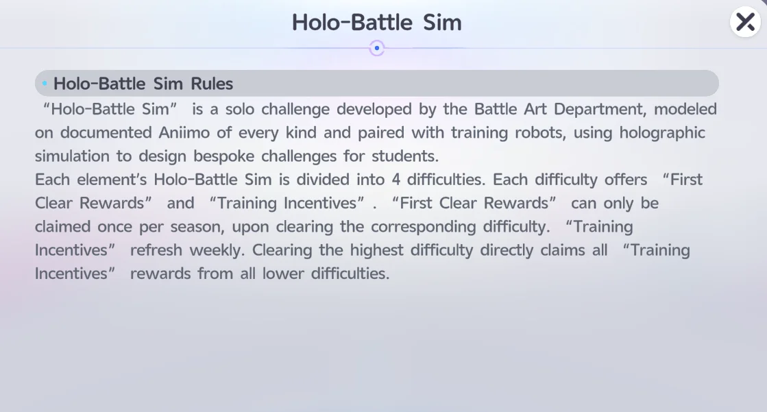 Màn hình quy tắc Holo-Battle Sim giải thích First Clear Rewards và Training Incentives hằng tuần