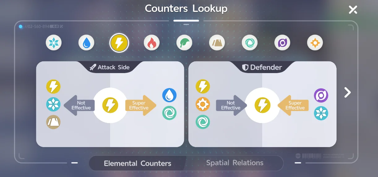 Counters Lookup-Bildschirm mit den Elementbeziehungen des Elements Elektro: Eis und Dunkel sind als Super Effective markiert