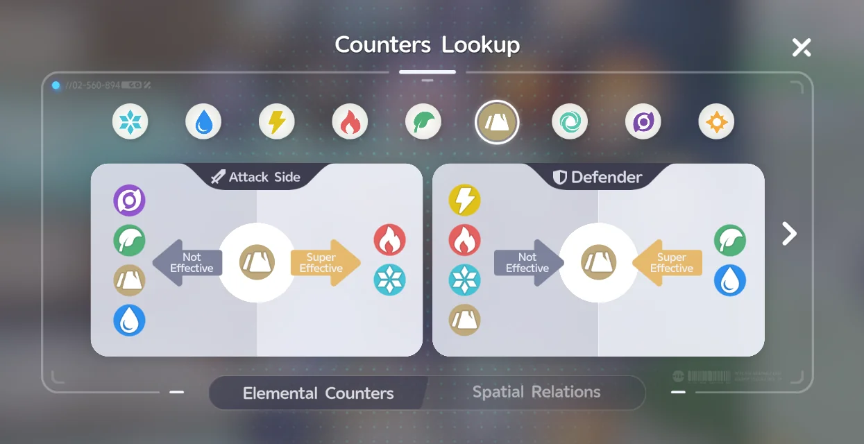 Der Counters-Lookup-Bildschirm mit den Kontern des Fels-Elements: Gras und Wasser als Super Effective markiert