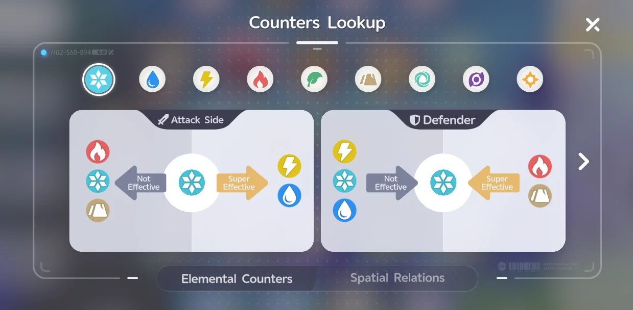 Écran Counters Lookup de l'élément Glace, avec Roche et Feu marqués Super Effective