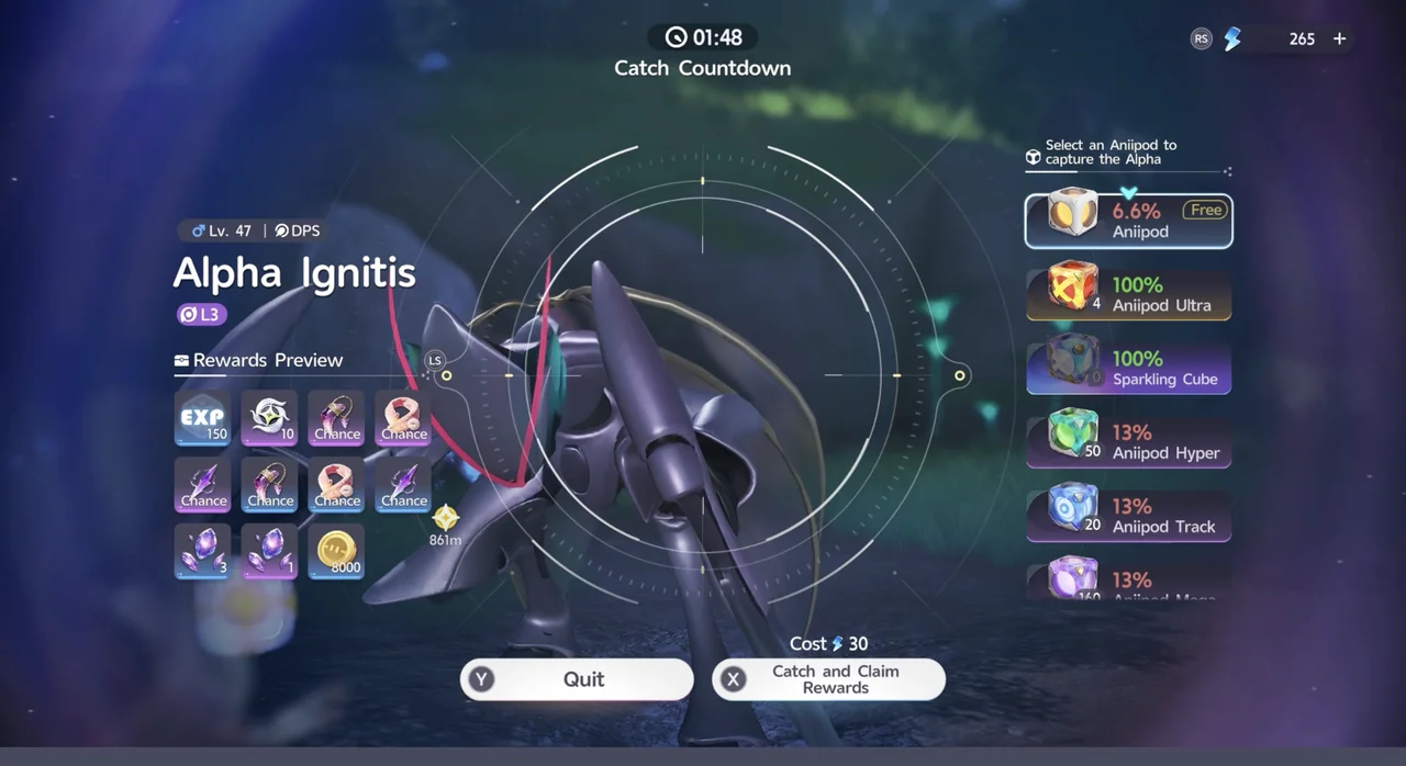 L'écran de capture d'Igniti Alpha montrant le coût et le taux de capture de chaque type d'Aniipod