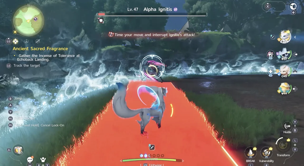 Igniti Alpha préparant son attaque chargée, entouré d'un anneau blanc avec une invite à l'interrompre