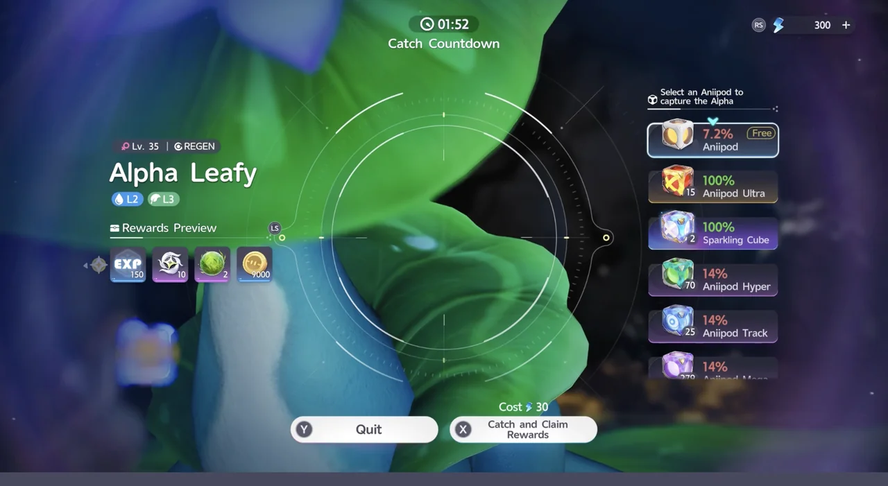La pantalla de captura de Leafy alfa que muestra el coste y la tasa de captura de cada Aniicubo