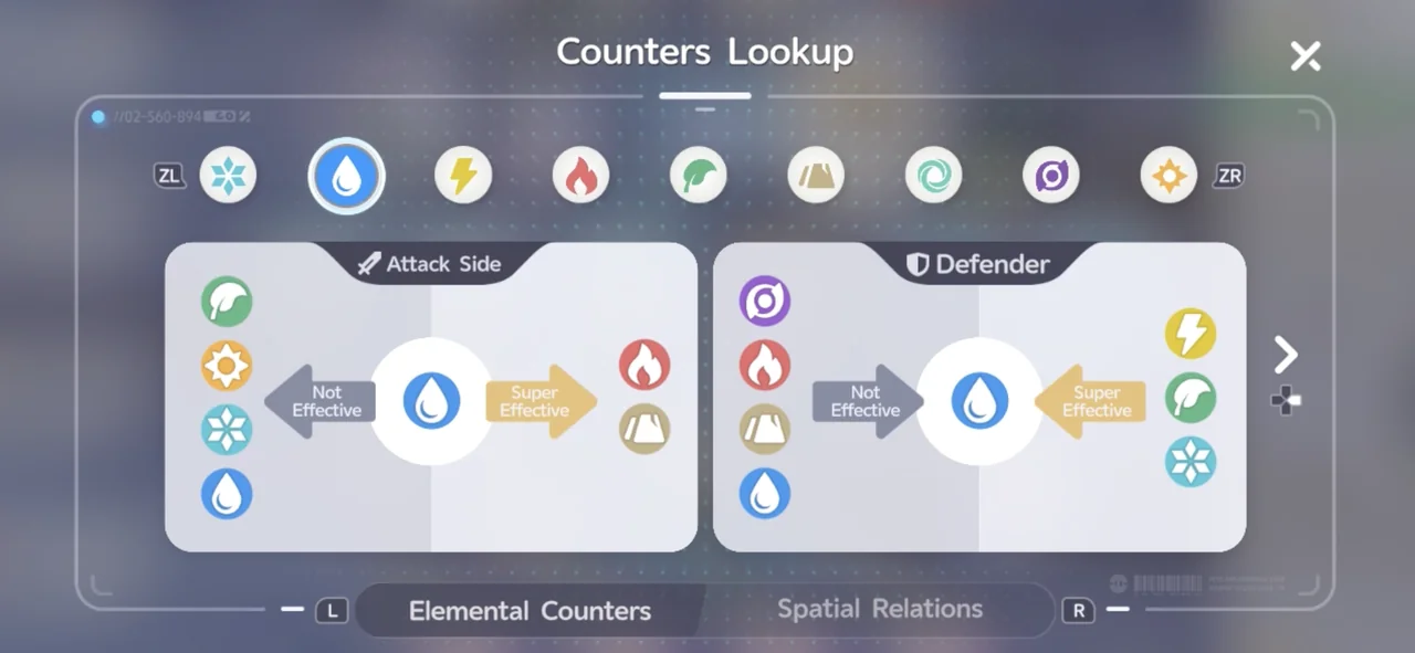 La pantalla Counters Lookup del elemento Agua, con Hierba, Eléctrico y Hielo marcados como Super Effective contra él