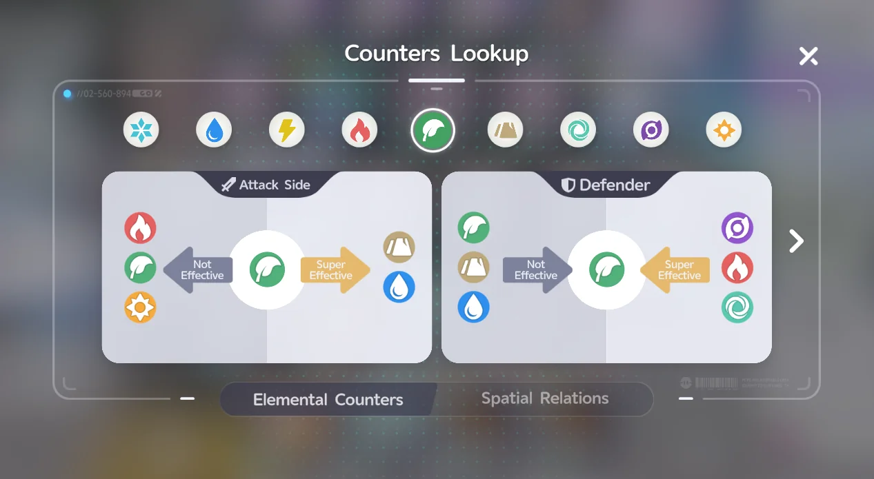 La pantalla Counters Lookup del elemento Hierba, con Fuego, Viento y Oscuridad marcados como Super Effective contra él