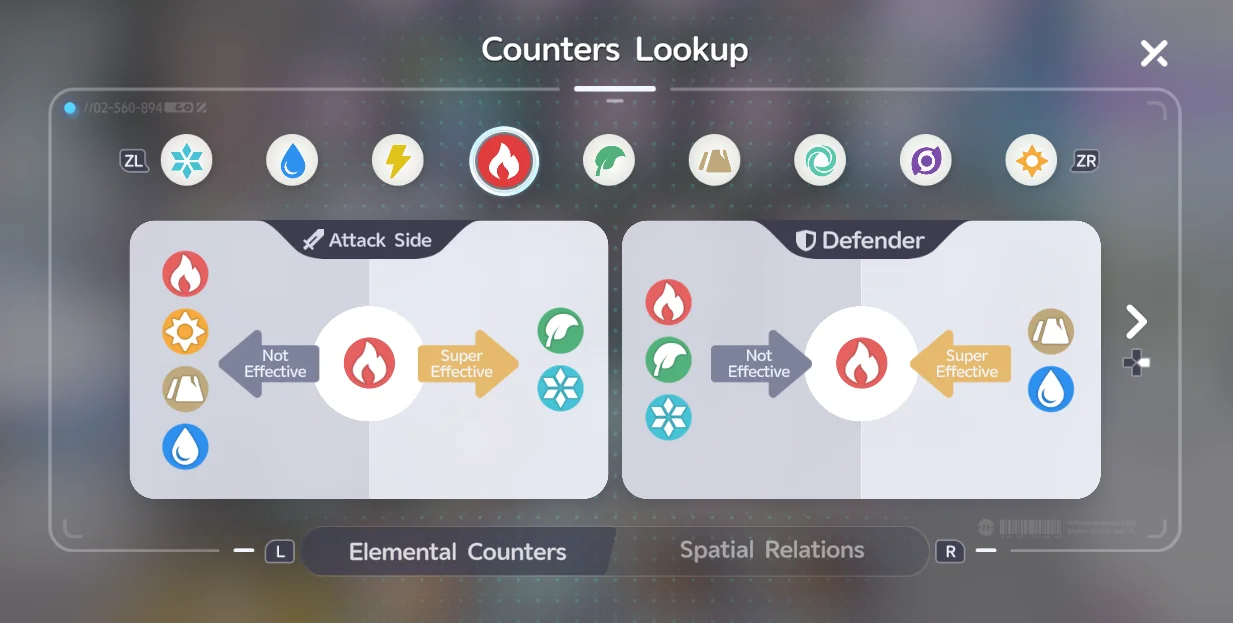 顯示火元素相剋關係的Counters Lookup畫面，土元素與水元素標示為Super Effective，草元素與冰元素標示為Not Effective