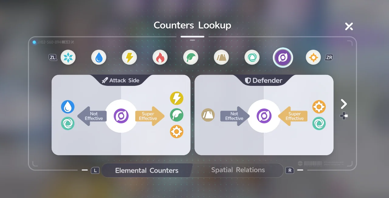 顯示暗元素相剋關係的Counters Lookup畫面，風元素與光元素標示為Super Effective，土元素標示為Not Effective