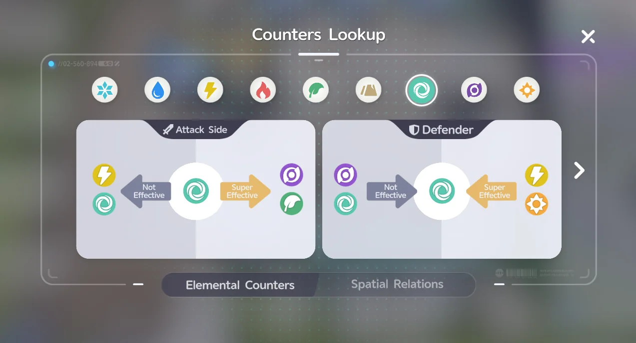 顯示風元素相剋關係的Counters Lookup畫面，電元素與光元素標示為Super Effective，暗元素與風元素標示為Not Effective